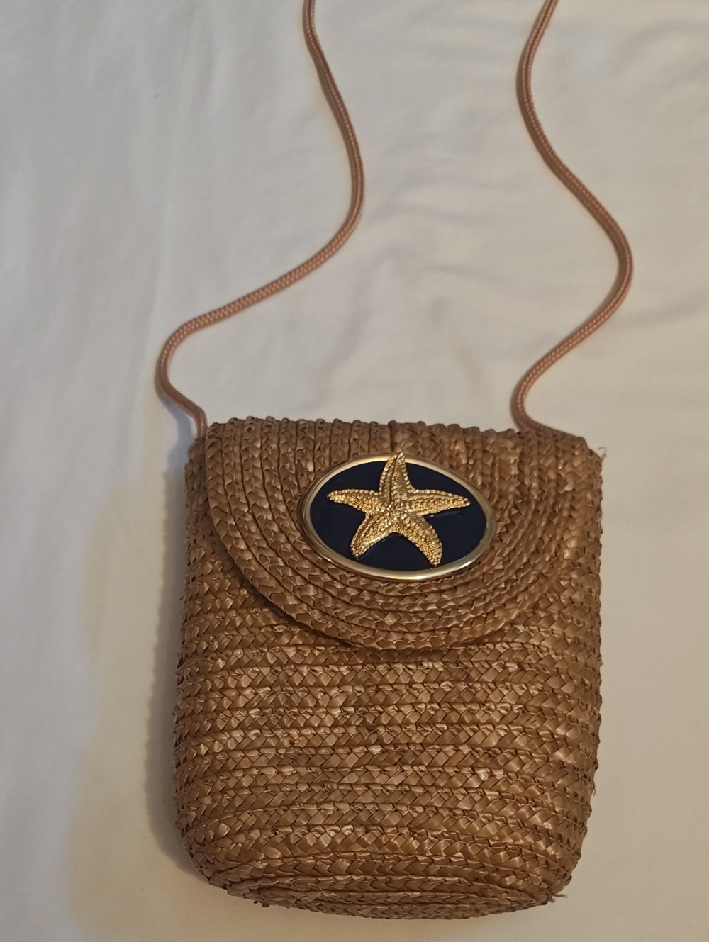 Woven Straw Crossbody Bag with Gold Starfish Accent - Brown